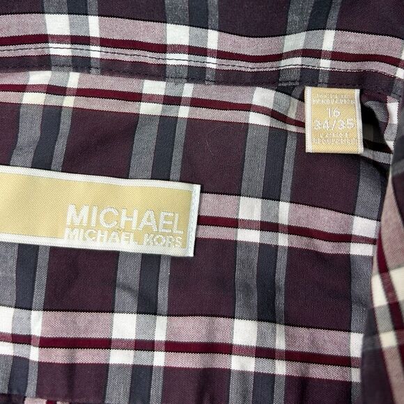 Michael Kors Mens Plaid Button Down Shirt 16 34/35 Burgundy Gray White - Picture 9 of 12